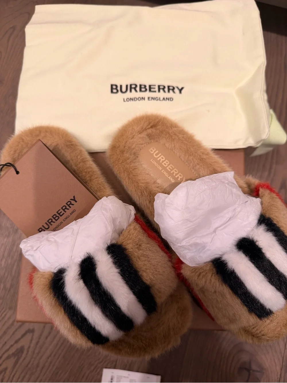 Burberry Tan Fur Slide Slippers with Black & White Stripe Accents
